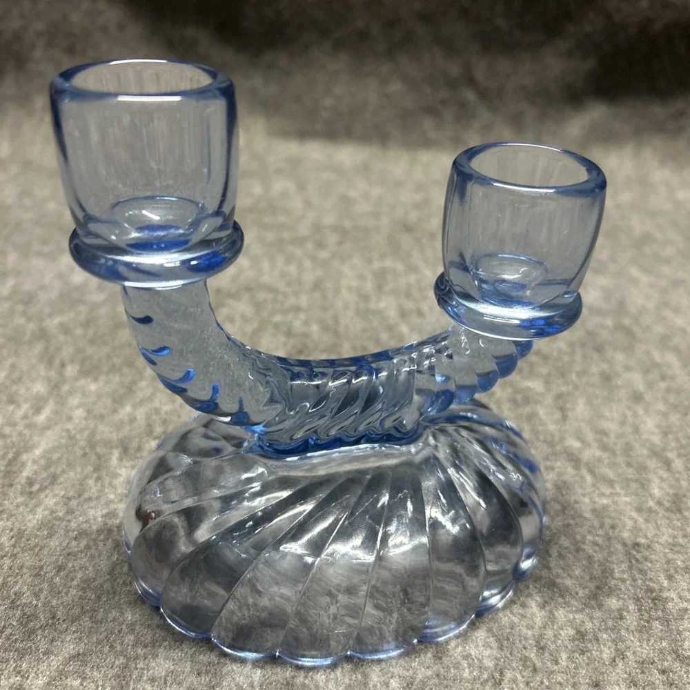 Vtg Double Offset Level Glass Taper Candlestick Holder Viennese Blue Twist Swirl